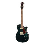 Tmavě zelená elektrická kytara s polodupatým tělem a hnědým hmatníkem. Na hlavě je zlatý nápis GRETSCH a na plechtru je viditelné logo GRETSCH. Nástr…