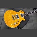 Elektrická kytara s žlutým plamenovitým povrchem těla a hnědým hmatníkem. Nástroj má dva humbuckery, čtyři otočné knoflíky a stрійkový most. Na hlavě…