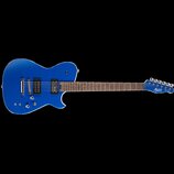 Modrá elektrická kytara s tmavým hnedým hmatníkem. Na hlavě je bílý nápis Manson a pod ním menší nečitelný text. Kytara má dva humbuckery, fixační mo…