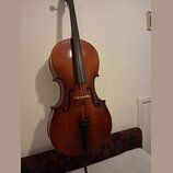 Hnědý smyčkový nástroj, pravděpodobně violoncello, s lakovaným dřevěným povrchem. Nástroj má čtyři struny a černé hmatníky a kolky. Na fotce nejsou v…