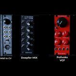 Fotografie zobrazuje tři moduly syntetizátoru. První modul je stříbrný s nápisy BLACK MIDI-CV a erica synths. Druhý modul je černý s nápisy A-138 MIX…
