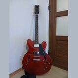 Červená polodublová elektrická kytara s černým hmatníkem a černým pickguardem. Na hlavě nástroje je bílý nápis Vintage. Kytara má dva humbuckery, stр…