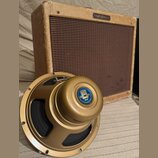 Na fotografii je kytarový zesilovač v béžovém potahu s hnědou mřížkou a zlatý reproduktor. Na horní hraně zesilovače je nápis Fender Harvard. Reprodu…