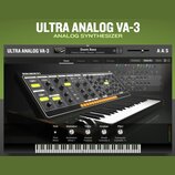 Snímek zobrazuje softwarové rozhraní analogového syntetizátoru s názvem ULTRA ANALOG VA-3. V horní části je vybraný preset Doom Bass z kategorie Fact…
