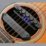 Detail akustické kytary s instalovaným černým elektronickým systémem v otvoru. Na ovládacím panelu jsou viditelné nápisy CHORUS, REVERB, DELAY, MIC a…