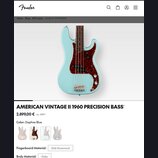 Světle modrá elektrická basová kytara s červeným členitým pickguardem. Na stránce je uveden název AMERICAN VINTAGE II 1960 PRECISION BASS, barva Daph…