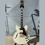 Kytara typu semi-akustika v krémové barvě s hnědočerveným pickguardem a zlatými komponenty. Na hlavě je bílý nápis Epiphone. Hриф má vložky z perlece…