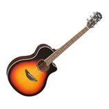 Akustická kytara s vyřezem v těle a barvou přecházející z černé přes oranžovou do žluté. Na hlavě hрифu je bílý nápis YAMAHA. Nástroj má hnědý hmatní…