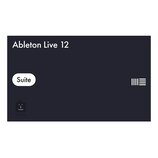 Grafický obrázek s tmavým pozadím. V horní části je bílý nápis Ableton Live 12 a vlevo v bílém oválu slovo Suite. Vpravo je umístěno bílé logo tvořen…