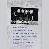 Fotografie zobrazuje papírový inzerát s černobílou fotografií čtyř osob v černém oblečení. Pod fotografií je velkým písmem nápis Jeden Celek a ručně…
