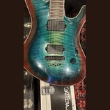 Elektrická kytara s modrozelým plamenovým javorovým topem a hnědými okraji. Nástroj má dva černé humbuckery, na kterých je viditelný nápis FISHMAN. K…