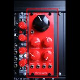 Červený modul s nápisem POLIVOKS VCF a logem erica synths v dolní části. Obsahuje jeden velký černý otočný knoflík, čtyři menší červené knoflíky s po…