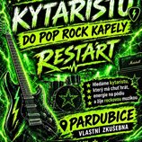 Grafický inzerát s nápisem KYTARISTU DO POP ROCK KAPELY RESTART. Na obrázku je černá elektrická kytara, bicí souprava a zesilovač s logem Marshall. V…