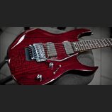 Elektrokytara s tmavě červeným lakem a viditelnou strukturou dřeva. Nástroj má dva humbuckery, chromovaný tremolo systém a dva ovládací knofíky. Na t…