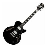 Černá polodublová elektrická kytara s dvěma f-otvory a bílými blokovými vložkami na hmatníku. Na hlavě je viditelné logo Epiphone. Nástroj má dva hum…