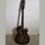 Akustická kytara s tmavě hnědým, gradientním povrchem a vyřezem u krku. Na hlavě je bílý nápis Ibanez a zlatý ornament listu. Nástroj vykazuje v dobr…