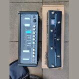 Dvě černé elektronické zařízení značky Hughes & Kettner. Levý přístroj má ovládací panel s několika otočnými knoflíky a přepínači, v horní části je r…