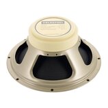 Reproduktor s béžovým magnetem a šedým kovovým rámem. Na štítku je uveden nápis CELESTION a specifikace: Model G12 M, Power capacity 65 watts, Impeda…