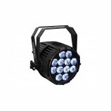 Černý LED PAR reflektor s kovovým rámem a úchytem. Přední strana obsahuje 12 kulatých LED diod svítících modře. Na přístroji nejsou viditelné žádné z…