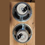 Dvě reproduktory s kovovým rámem a černou membránou. Na bílých štítcích je uveden nápis PROFESSIONAL LOUDSPEAKER, značka CELESTION a model G12T-75. N…
