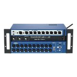 Modrý rackový digitální mixér s nápisem Soundcraft Ui24R a logy lexicon, dbx a DigiTech. Horní panel obsahuje výstupy Master Outputs, AFS2 a Aux Outp…