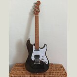 Elektrická kytara s tmavým, pravděpodobně černým lakem s viditelnou strukturou dřeva. Má bílý perleťový pickguard, jeden humbucker u mostu a dva sním…