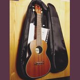 Hnědý ukulele v černé měkké obalu, pod kterým jsou vidět listy s notami. Na hlavě nástroje je nápis "Ohana". Uprostřed těla se nachází štítek s texte…