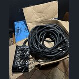 Černá stagebox s osmi vstupy XLR, ze kterých vychází svazek černých kabelů. V horní části stageboxu jsou viditelné nápisy 1 až 8 u jednotlivých vstup…