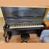 Černý piano v dřevěném provedení s ozdobným reliéfem ve tvaru rozety na horní části. Na přihradce nad klávesami je zlatý nápis A.PROKSCH. K pianu pat…