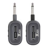 Dvě šedé bezdrátové jednotky s připojenými 6,3mm jack konektory. Levá jednotka má nápisy RECEIVER a A58, pravá jednotka má nápisy TRANSMITTER a A58.…