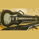 Stříbrná elektrická kytara v černém tvrdém kufru. Na hlavě hрифu je bílé logo Epiphone a nápis SG. Kytara má černý pickguard, dva humbuckery a čtyři…