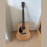 Akustická kytara s přírodním dřevem, černým hmatníkem a černým plektrem. Na hlavě je viditelné logo SIGMA Guitars. Nástroj vykazuje v popředí čistý p…
