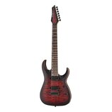 Elektrická kytara s tmavě červeným plamenovitým povrchem těla a hnědým stupňovaným okrajem. Má dva černé humbuckery, fixační most a šest ladicích kol…