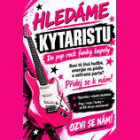 Grafický inzerát s růžovou elektrickou kytarou typu Stratocaster. Obsahuje text „HLEDÁME KYTARISTU Do pop rock funky kapely“, „Baví tě živá hudba, en…