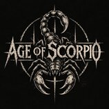 Grafický obrázek s bílým nápisem AGE OF SCORPIO na černém pozadí. V dopřední části je stylizovaný nápis, za kterým se nachází ilustrace škorpýna v kr…