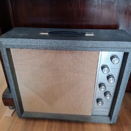 Kytarový zesilovač v šedém texturovaném potahu s béžovou mřížkou. Na pravé straně je kovový ovládací panel s knoflíky a nápisy MICROPHONE, INSTRUMENT…
