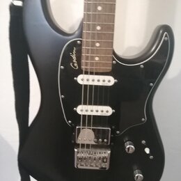 Černá elektrická kytara s matným povrchem a černým pickguardem. Na pickguardu je bílý nápis Godin. Nástroj má dva humbuckery, chromovaný most a tři o…