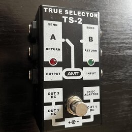 Černý efektový pedál s bílými nápisy TRUE SELECTOR a TS-2. Na horní části jsou označení SEND, RETURN, A, B, OUTPUT a INPUT s logem AMIT v oválu, dopl…
