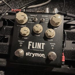 Černý efekt pedál s bílými nápisy a pětistupňovými šedými knoflíky. Na přední straně je uveden název modelu FLINT — tremolo & reverb a značka strymon…