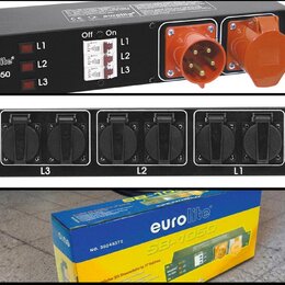 Sada tří fotografií zobrazuje černý rozdělovač napájení do racku. Na přední straně je logo eurolite®, nápis SB-1050, tři vypínače s označením L1, L2,…