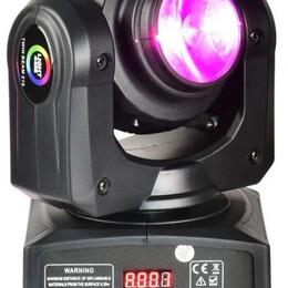 Černý svítící efekt s pohyblivou hlavou a fialovým světlem. Na boku je zelený kruhový logo s nápisem „S-LIGHT“ a text „TWIN BEAM 210“. Na spodní část…