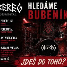 Grafický inzerát s nápisem OBEREG HLEDÁME BUBENÍKA a JDEŠ DO TOHO? Text uvádí lokalitu Pohořelice u Brna, žánr FOLK METAL (vlastní tvorba) a informac…