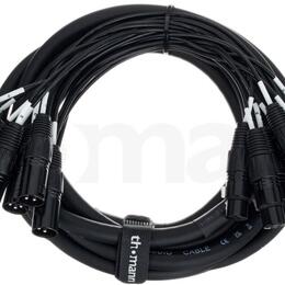 Svijený svazek černých kabelů s více konektory typu XLR. Na jednom z kabelů je bílý nápis „CABLE“ a vedle něj značky „CE“ a další symboly. Kabel je s…