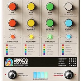 Bíle provedený multi-efekt s nápisem CHROMA CONSOLE MULTI-EFFECTOR a logem HOLOGRAM. Zařízení obsahuje čtyři sekce (CHARACTER, MOVEMENT, DIFFUSION, T…