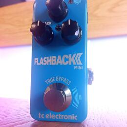 Modrý efekt pedál s nápisy FLASHBACK MINI, TRUE BYPASS a tc electronic. Na horní části jsou tři černé oválné ovládací knoflíky a malý přepínač. Povrc…
