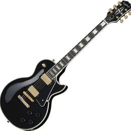 Černá elektrická kytara typu Les Paul s bílým lemováním korpusu a hmatníku. Na hlavě je nápis Epiphone a logo v podobě písmena E. Nástroj má zlaté po…