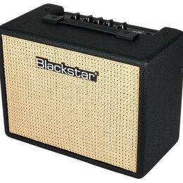 Kytarový kombo zesilovač v černém potahu s béžovou textilní maskou reproduktoru. Na přední straně je umístěn černý nápis Blackstar. Horní panel obsah…