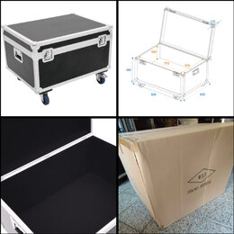 Koláž čtyř fotografií zobrazuje černý transportní flightcase s hliníkovými hranami a koly. Jedna z fotek obsahuje technický výkres s rozměry 820, 620…