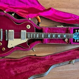 Tmavě červená elektrická kytara typu Les Paul v tvrdém kufru s fialovým polstrováním. Na bílém pickguardu je nápis 1960 a na hlavě hmatníku modrý ští…
