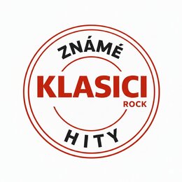 Kruhové logo s červeným vnějším okrajem na bílém pozadí. Uprostřed je červený nápis KLASICI a pod ním menší červený text ROCK. V horní části je černý…
